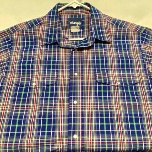 Wrangler Short Sleeve Button-Up Men's Large Blue Plaid Western Pearl Snap EUC - Picture 9 of 9